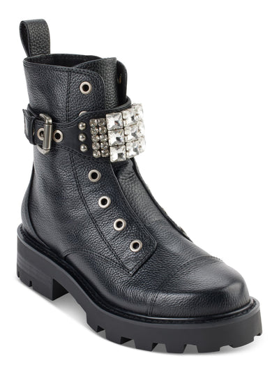 KARL LAGERFELD PARIS Womens Black Buckle Eyelet Embellished Maeva Round Toe Block Heel Zip-Up Leather Booties 5.5 M