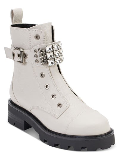 KARL LAGERFELD PARIS Womens White Metallic Lug Sole Padded Grommet Detail Pull Tab Buckle Accent Embellished Maeva Round Toe Block Heel Zip-Up Leather Combat Boots 5