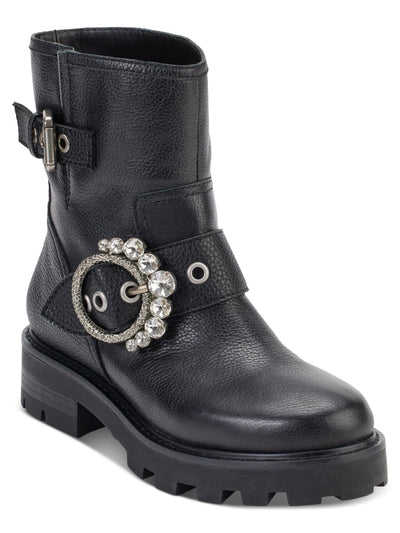 KARL LAGERFELD PARIS Womens Black Embellished Buckle Accent Marceau Round Toe Block Heel Zip-Up Leather Boots Shoes 7.5