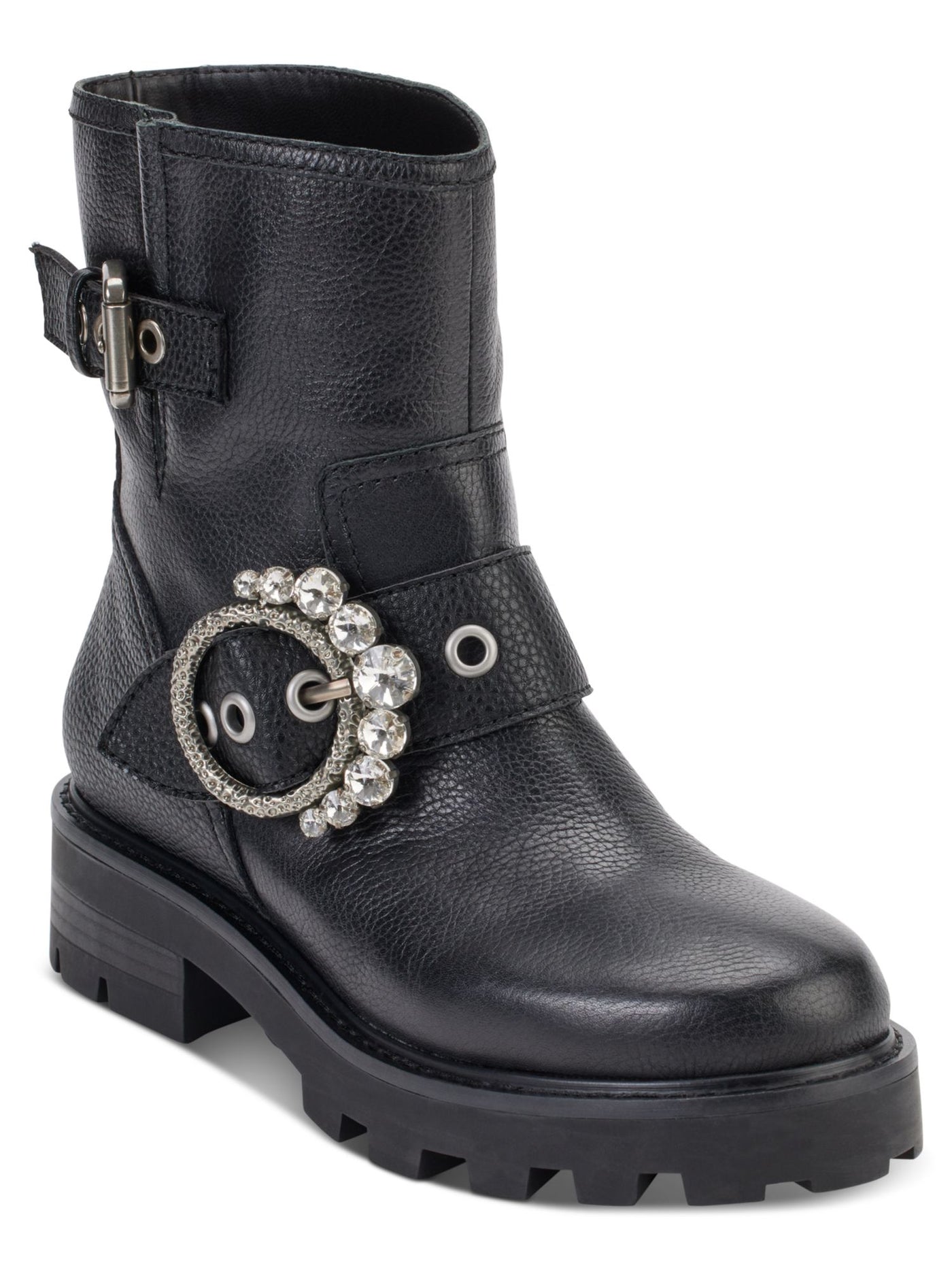 KARL LAGERFELD PARIS Womens Black Embellished Buckle Accent Marceau Round Toe Block Heel Zip-Up Leather Boots Shoes 5