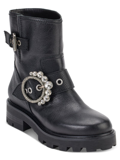 KARL LAGERFELD Womens Black Embellished Buckle Accent Marceau Round Toe Block Heel Zip-Up Boots Shoes 6