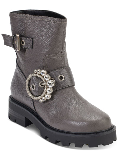 KARL LAGERFELD PARIS Womens Gray Embellished Buckle Accent Marceau Round Toe Block Heel Zip-Up Leather Boots Shoes 7.5 M