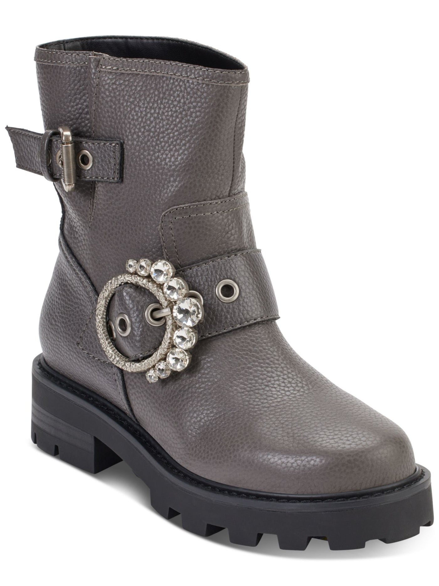 KARL LAGERFELD PARIS Womens Gray Embellished Buckle Accent Marceau Round Toe Block Heel Zip-Up Leather Boots Shoes 9.5 M