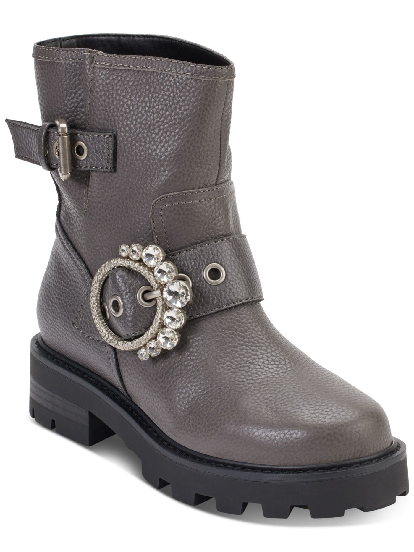 KARL LAGERFELD PARIS Womens Gray Embellished Buckle Accent Marceau Round Toe Block Heel Zip-Up Leather Boots Shoes 5.5 M