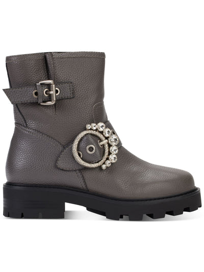 KARL LAGERFELD PARIS Womens Gray Embellished Buckle Accent Marceau Round Toe Block Heel Zip-Up Leather Boots Shoes 5.5 M