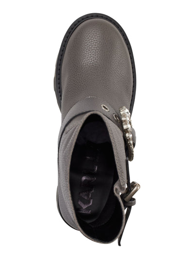 KARL LAGERFELD PARIS Womens Gray Embellished Buckle Accent Marceau Round Toe Block Heel Zip-Up Leather Boots Shoes 8 M