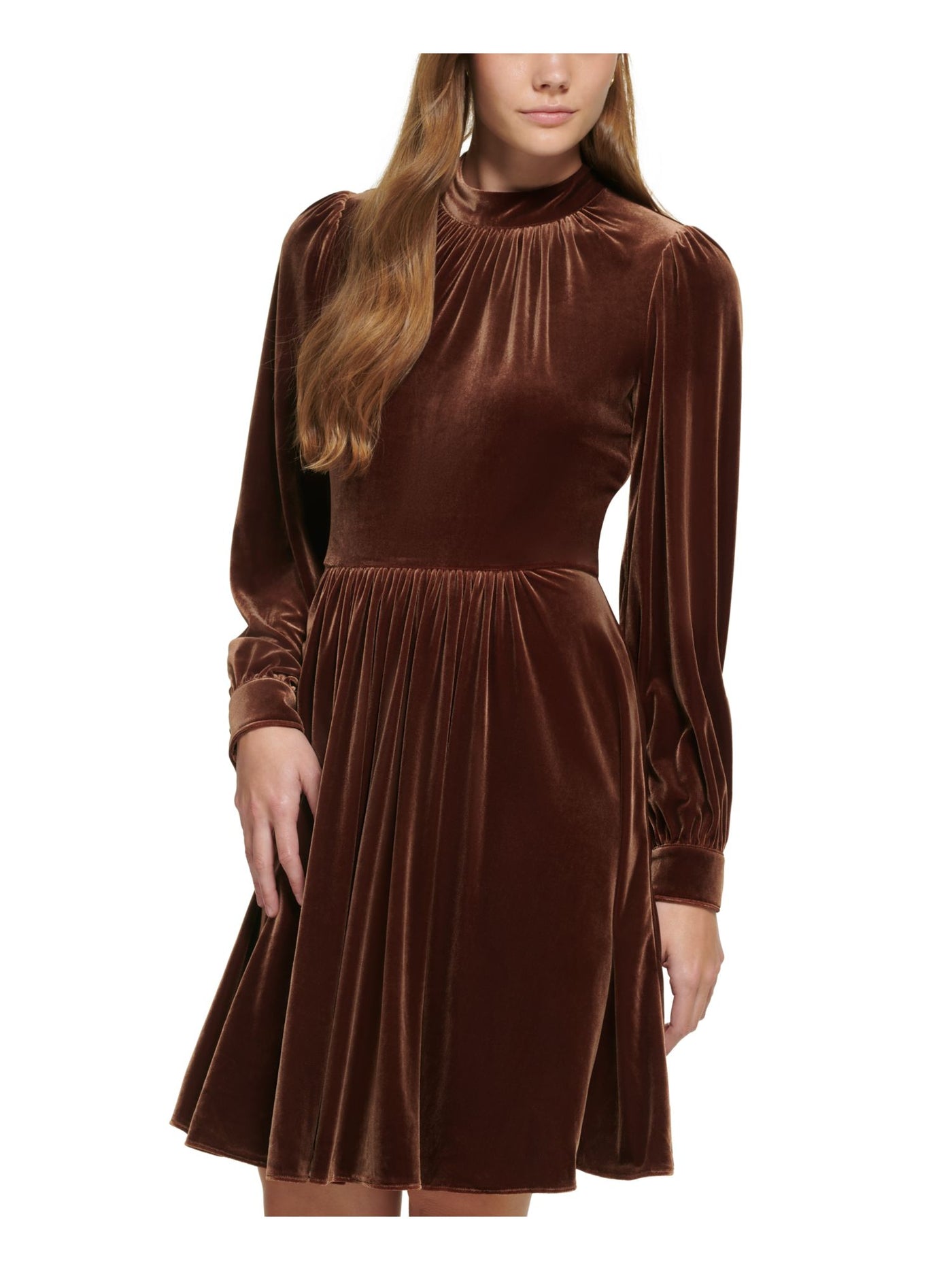 CALVIN KLEIN Womens Brown Zippered Unlined Gathered Long Sleeve Mock Neck Above The Knee Fit + Flare Dress 14