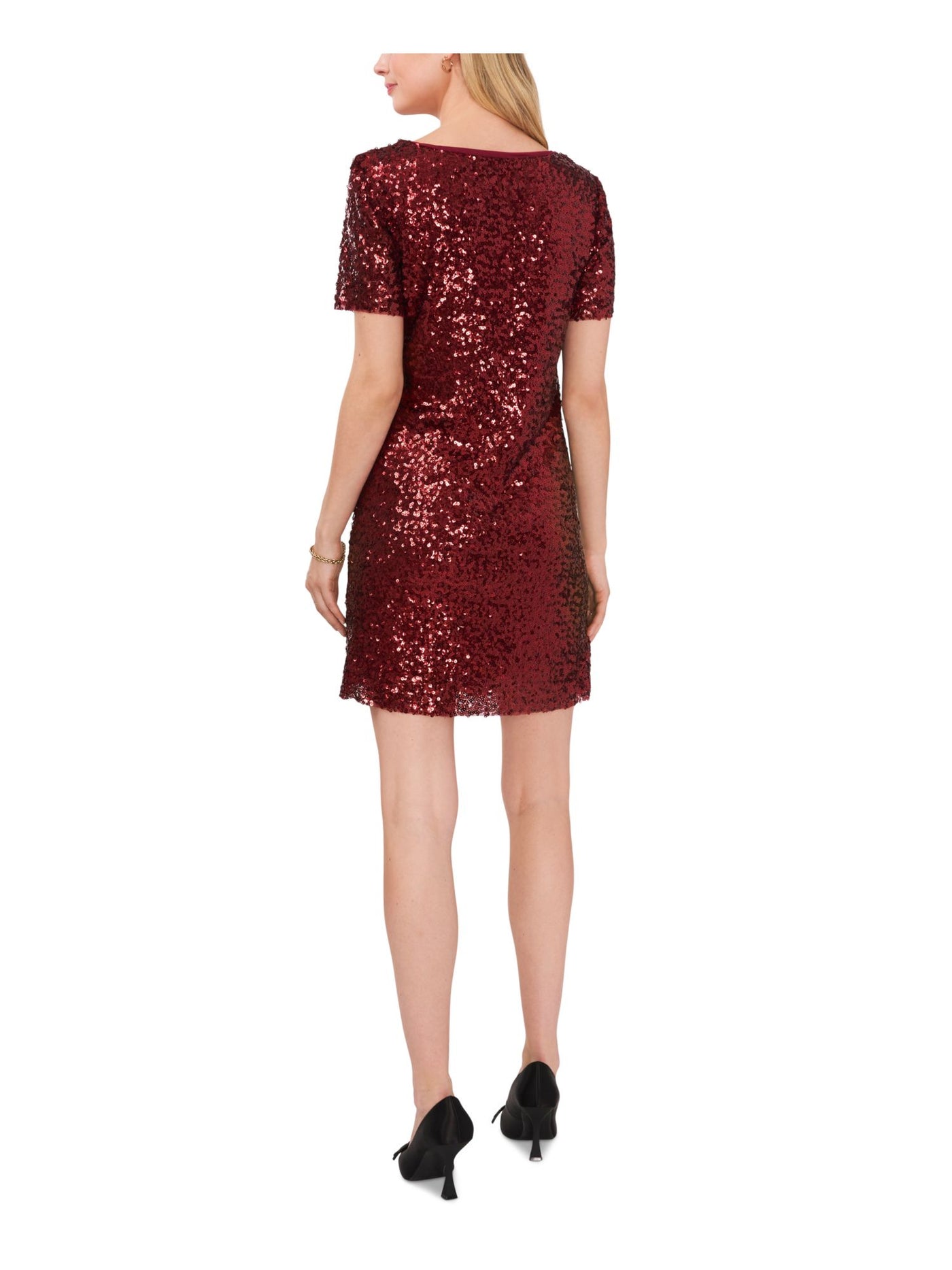 VINCE CAMUTO Womens Maroon Sequined Short Sleeve Round Neck Above The Knee Party Shift Dress XS