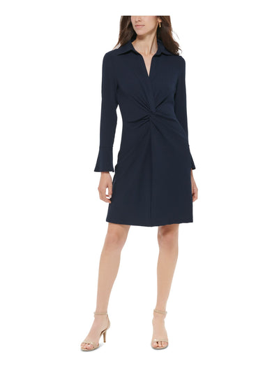 TOMMY HILFIGER Womens Navy Ribbed Twist Front Unlined Bell Sleeve Collared Above The Knee Party Shirt Dress Petites 6P