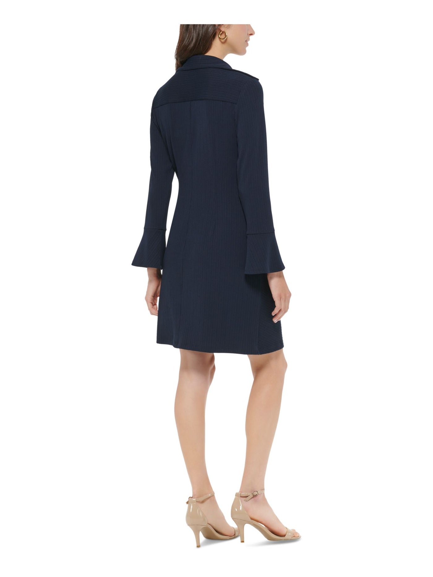 TOMMY HILFIGER Womens Navy Ribbed Twist Front Unlined Bell Sleeve Collared Above The Knee Party Shirt Dress Petites 6P