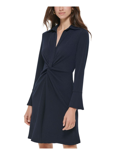 TOMMY HILFIGER Womens Navy Ribbed Twist Front Unlined Bell Sleeve Collared Above The Knee Party Shirt Dress Petites 6P