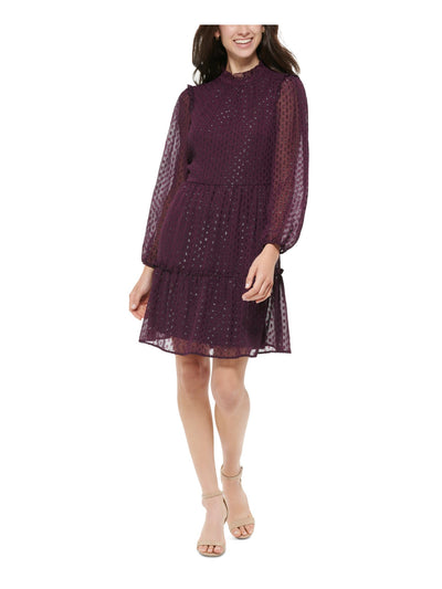 TOMMY HILFIGER Womens Purple Ruffled Long Sleeve Mock Neck Above The Knee Cocktail Shift Dress 10