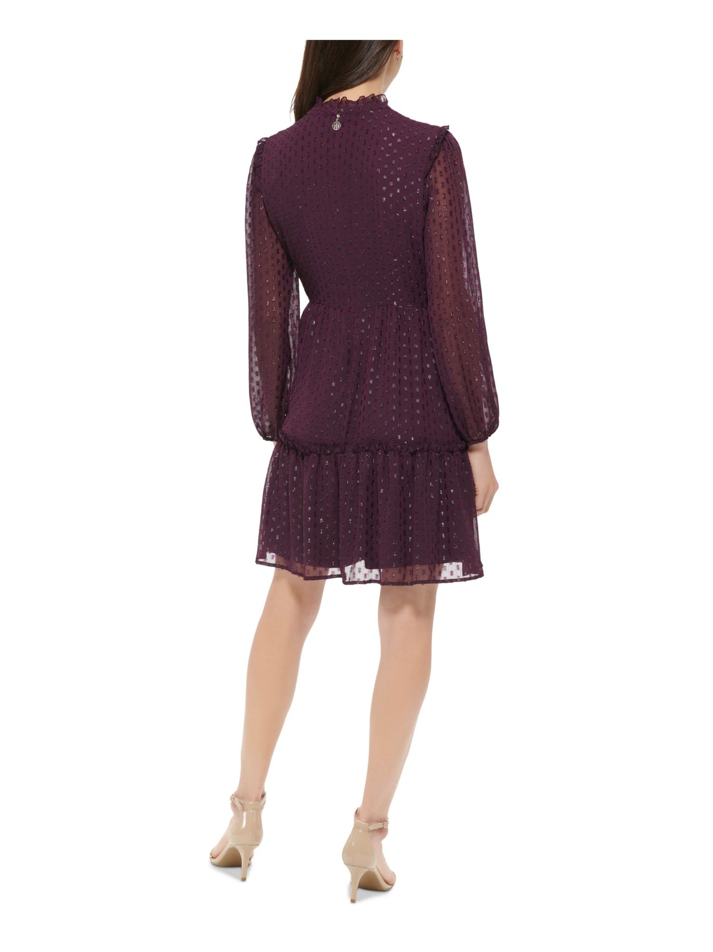 TOMMY HILFIGER Womens Purple Ruffled Long Sleeve Mock Neck Above The Knee Cocktail Shift Dress 14