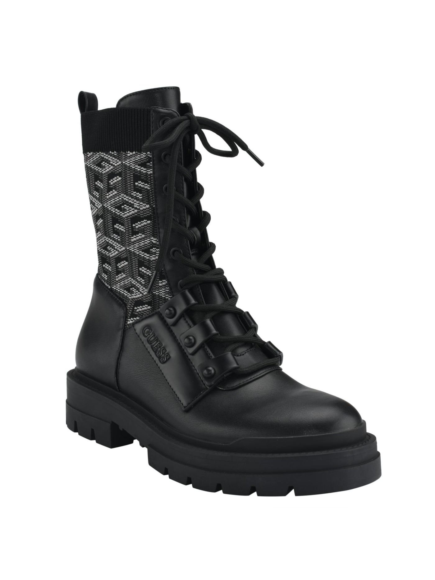 GUESS Womens Black Mixed Media 1" Platform Back Pull-Tab Padded Stretch Odalis Round Toe Block Heel Lace-Up Combat Boots 5.5 M