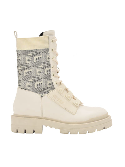 GUESS Womens Ivory Mixed Media 1" Platform Back Pull-Tab Padded Odalis Round Toe Block Heel Lace-Up Combat Boots 5.5 M