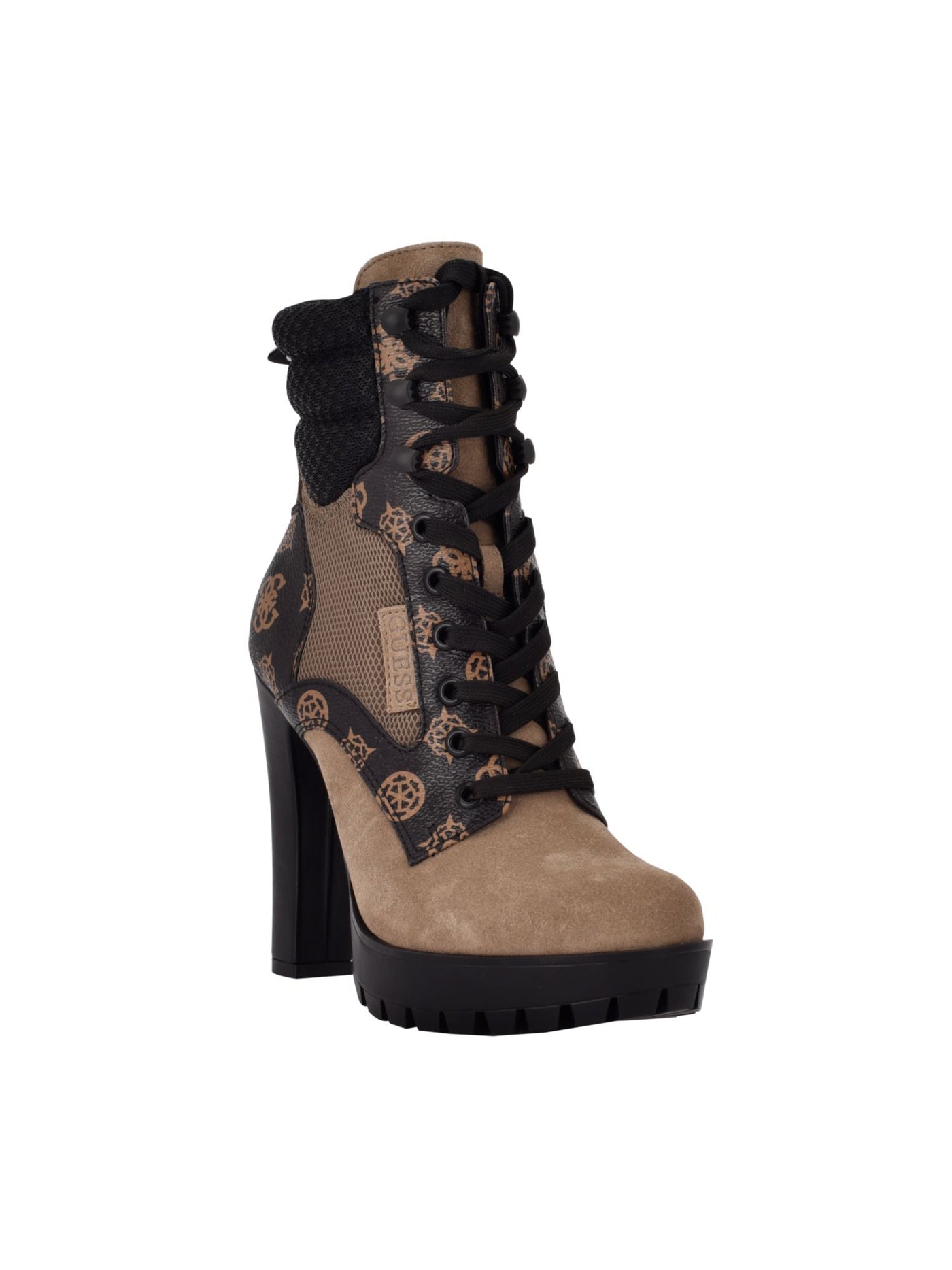GUESS Womens Brown Mixed Media Hiker-Style Lace Up Front Back Pull-Tab Padded Talore Round Toe Block Heel Zip-Up Leather Heeled Boots 11 M