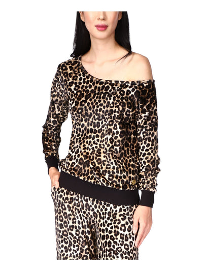 MICHAEL MICHAEL KORS Womens Beige Animal Print Long Sleeve Asymmetrical Neckline Evening Top M