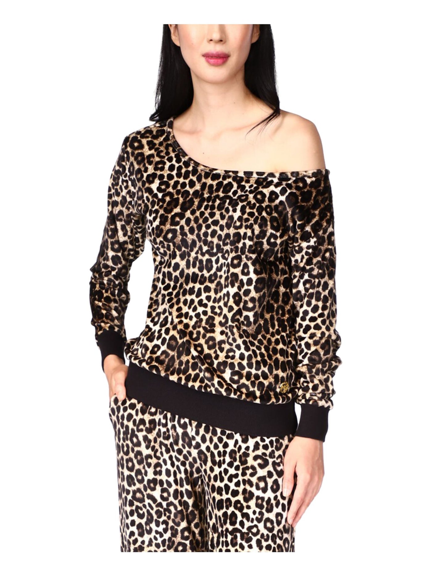 MICHAEL MICHAEL KORS Womens Beige Animal Print Long Sleeve Asymmetrical Neckline Evening Top XS