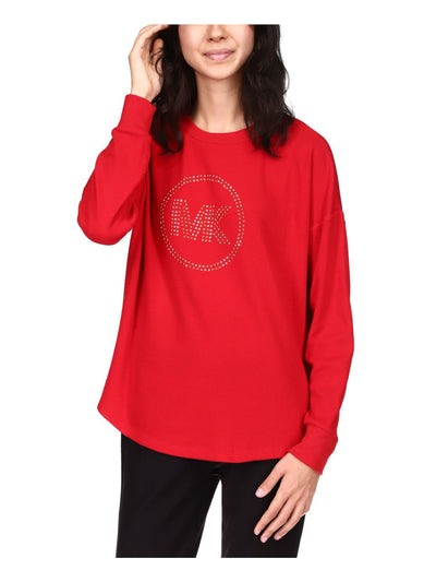 MICHAEL MICHAEL KORS Womens Red Rhinestone Logo Graphic Long Sleeve Crew Neck Top XS