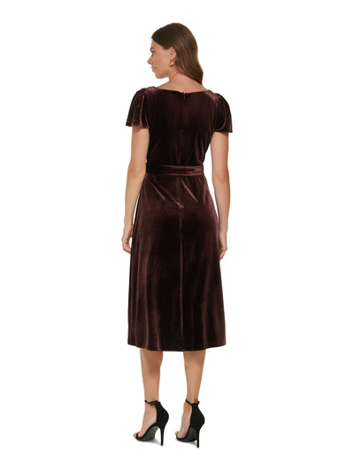 DKNY Womens Brown Zippered Unlined Cape Silhouette Sleeveless V Neck Midi Cocktail Shift Dress 2