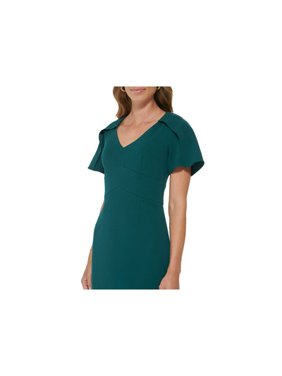 DKNY Womens Green Zippered Cape-sleeve Inset Waistband V Neck Above The Knee Wear To Work Sheath Dress 8