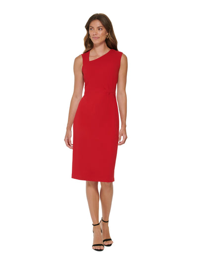 DKNY Womens Red Zippered Slitted Lined Pleated Sleeveless Asymmetrical Neckline Knee Length Wear To Work Sheath Dress 2