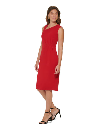 DKNY Womens Red Zippered Slitted Lined Pleated Sleeveless Asymmetrical Neckline Knee Length Wear To Work Sheath Dress 2