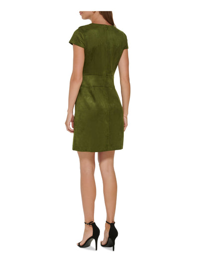 DKNY Womens Green Zippered Unlined Darted Slit Buckle Accent Cap Sleeve Round Neck Above The Knee Wear To Work Sheath Dress 4