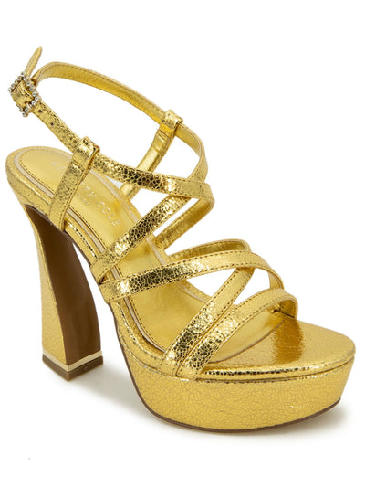 KENNETH COLE NEW YORK Womens Gold 1'' Platform Padded Metallic Strappy Allen Almond Toe Sculpted Heel Buckle Heeled Sandal 9.5