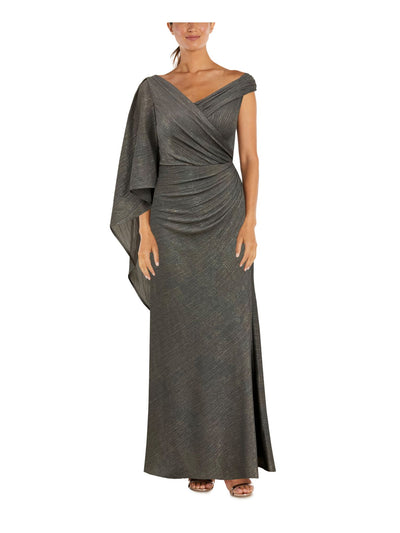 NIGHTWAY Womens Gray Ruched Zippered Draped Sleeve Lined V Neck Full-Length Formal Gown Dress 4