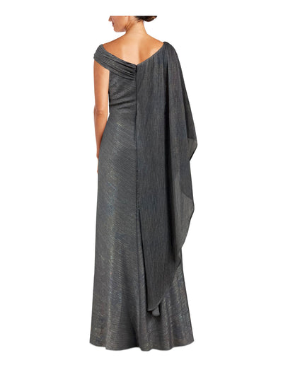 NIGHTWAY Womens Gray Ruched Zippered Draped Sleeve Lined V Neck Full-Length Formal Gown Dress 4