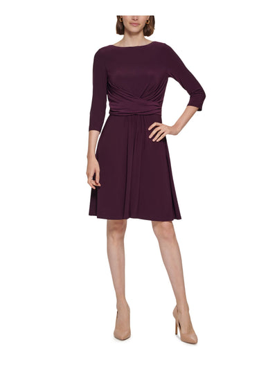 TOMMY HILFIGER Womens Purple Ruched Zippered Gathered Wrap-front Waist Lined 3/4 Sleeve Boat Neck Above The Knee Wear To Work Fit + Flare Dress 8
