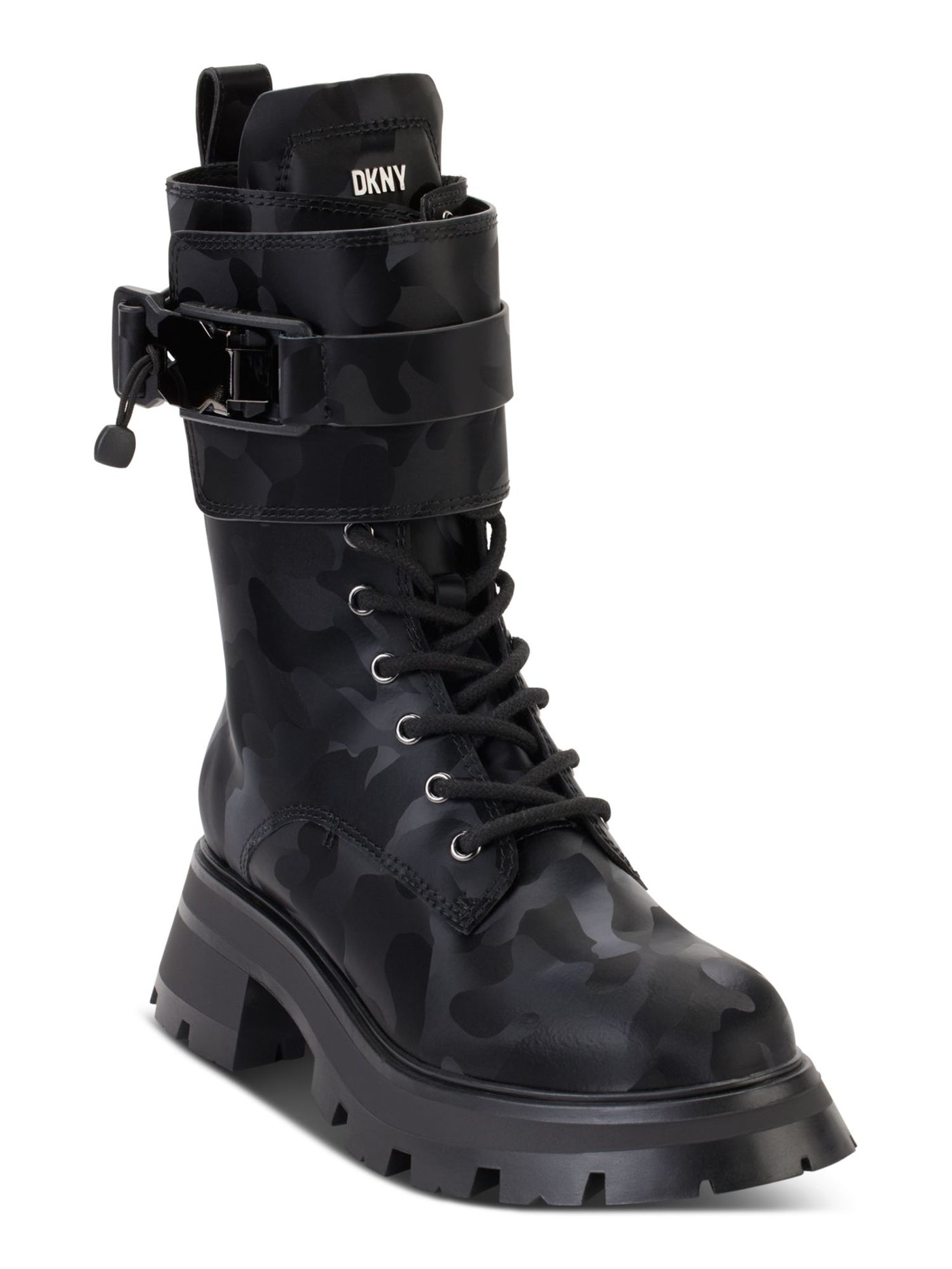 DKNY Womens Black 1" Platform Buckled Pull Tab Lug Sole Padded Sava Round Toe Block Heel Zip-Up Leather Combat Boots 5 M