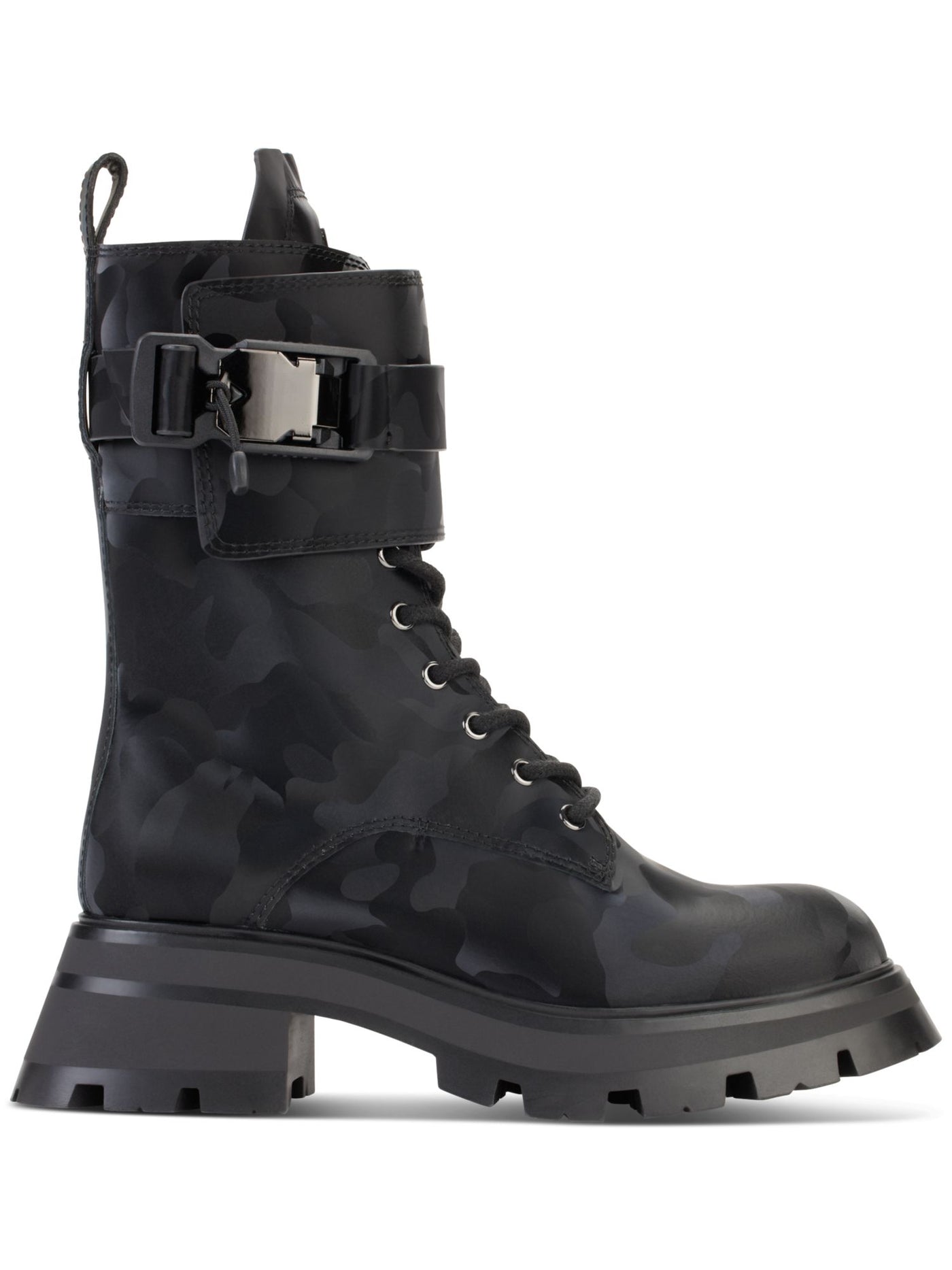 DKNY Womens Black 1" Platform Buckled Pull Tab Lug Sole Padded Sava Round Toe Block Heel Zip-Up Leather Combat Boots 5 M