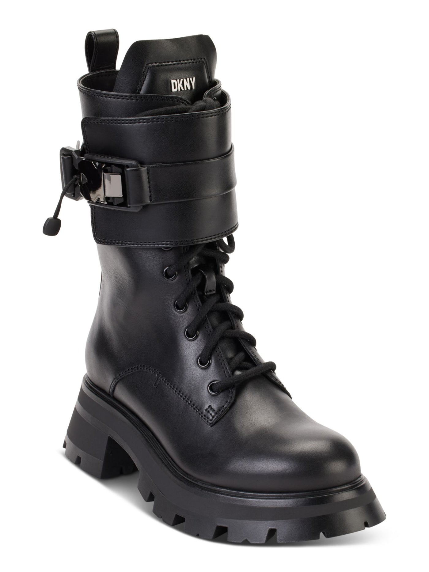 DKNY Womens Black Padded Pull Tab Buckle Accent Lug Sole Sava Round Toe Block Heel Zip-Up Leather Combat Boots 11 M