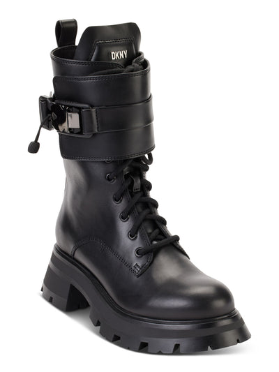 DKNY Womens Black 1" Platform Buckled Sava Round Toe Block Heel Lace-Up Leather Combat Boots 5.5 M