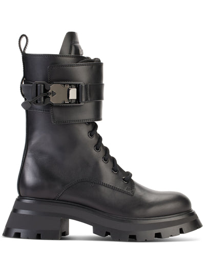 DKNY Womens Black 1" Platform Buckled Sava Round Toe Block Heel Lace-Up Leather Combat Boots 5 M
