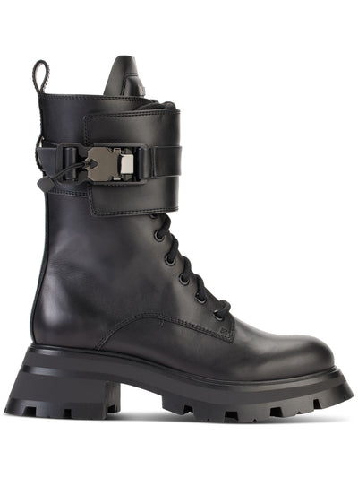 DKNY Womens Black 1" Platform Buckled Sava Round Toe Block Heel Lace-Up Leather Combat Boots 5.5 M