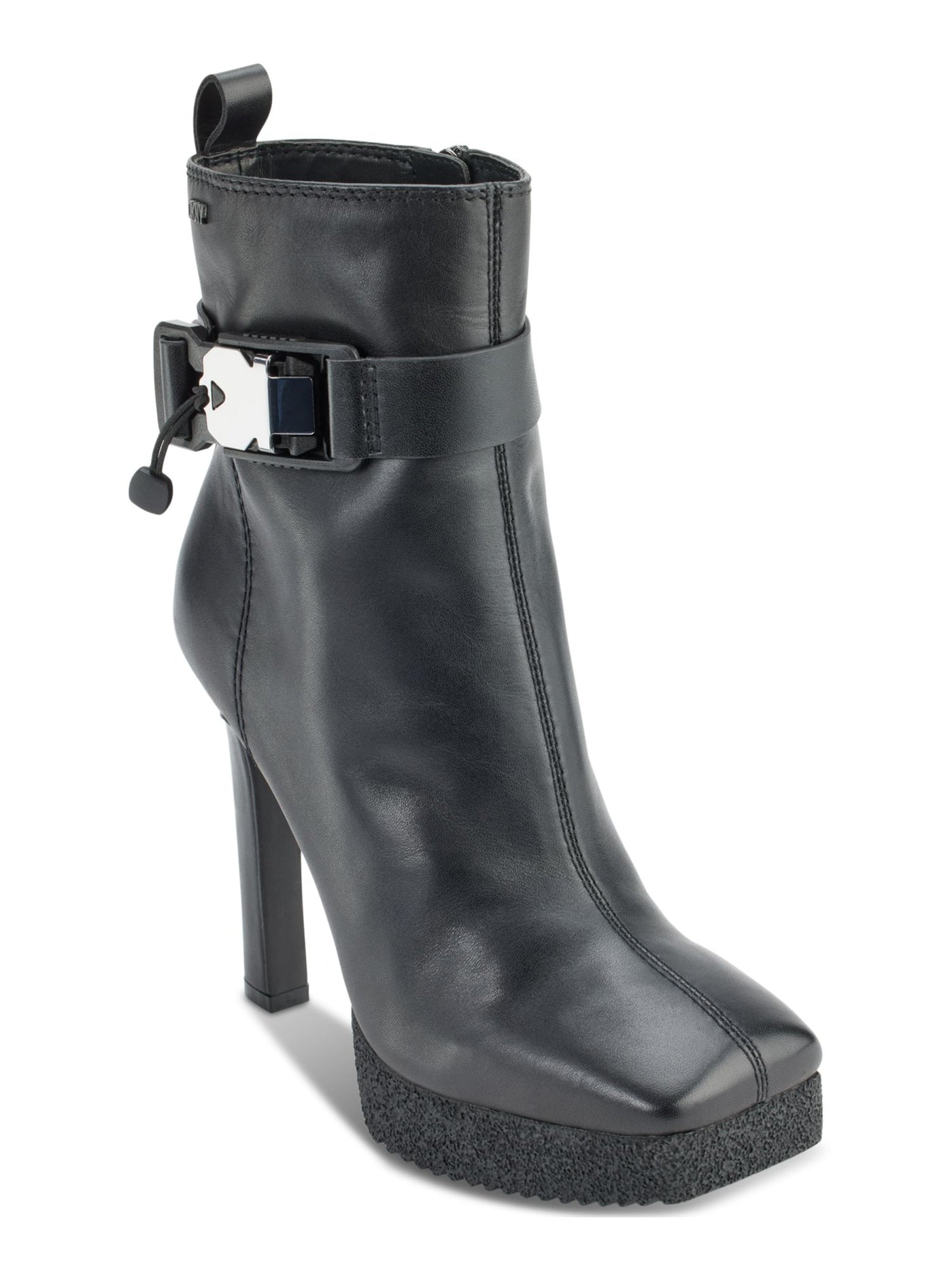 DKNY Womens Black 1" Platform Pull Tab Buckle Accent Zana Square Toe Block Heel Zip-Up Leather Dress Booties 8.5 M
