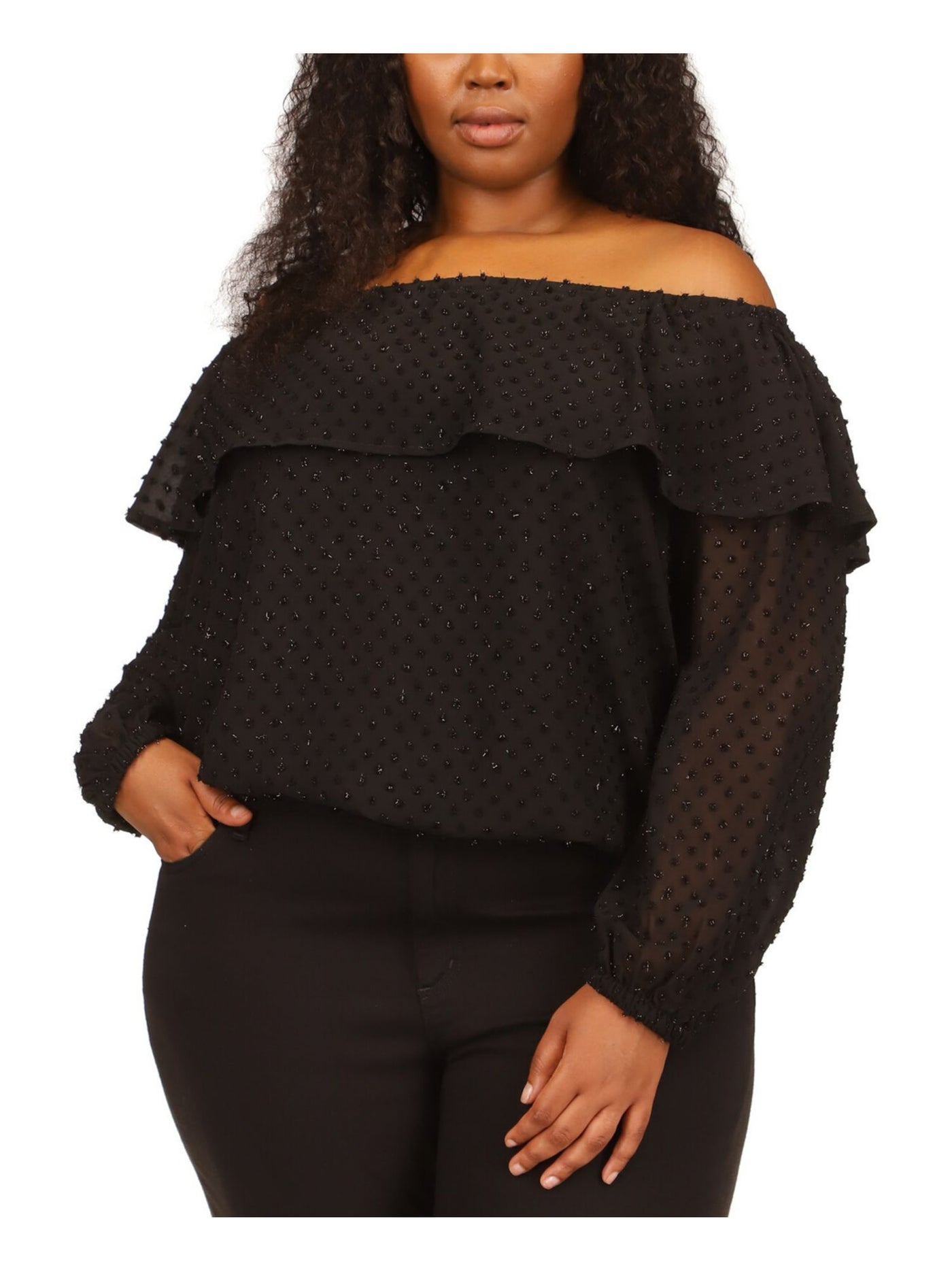 MICHAEL MICHAEL KORS Womens Black Sheer Lined Ruffle Overlay Long Sleeve Off Shoulder Top Plus 0X