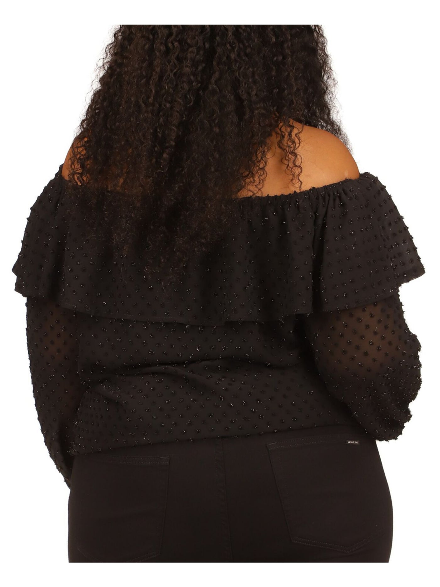 MICHAEL MICHAEL KORS Womens Black Sheer Lined Ruffle Overlay Long Sleeve Off Shoulder Top Plus 2X