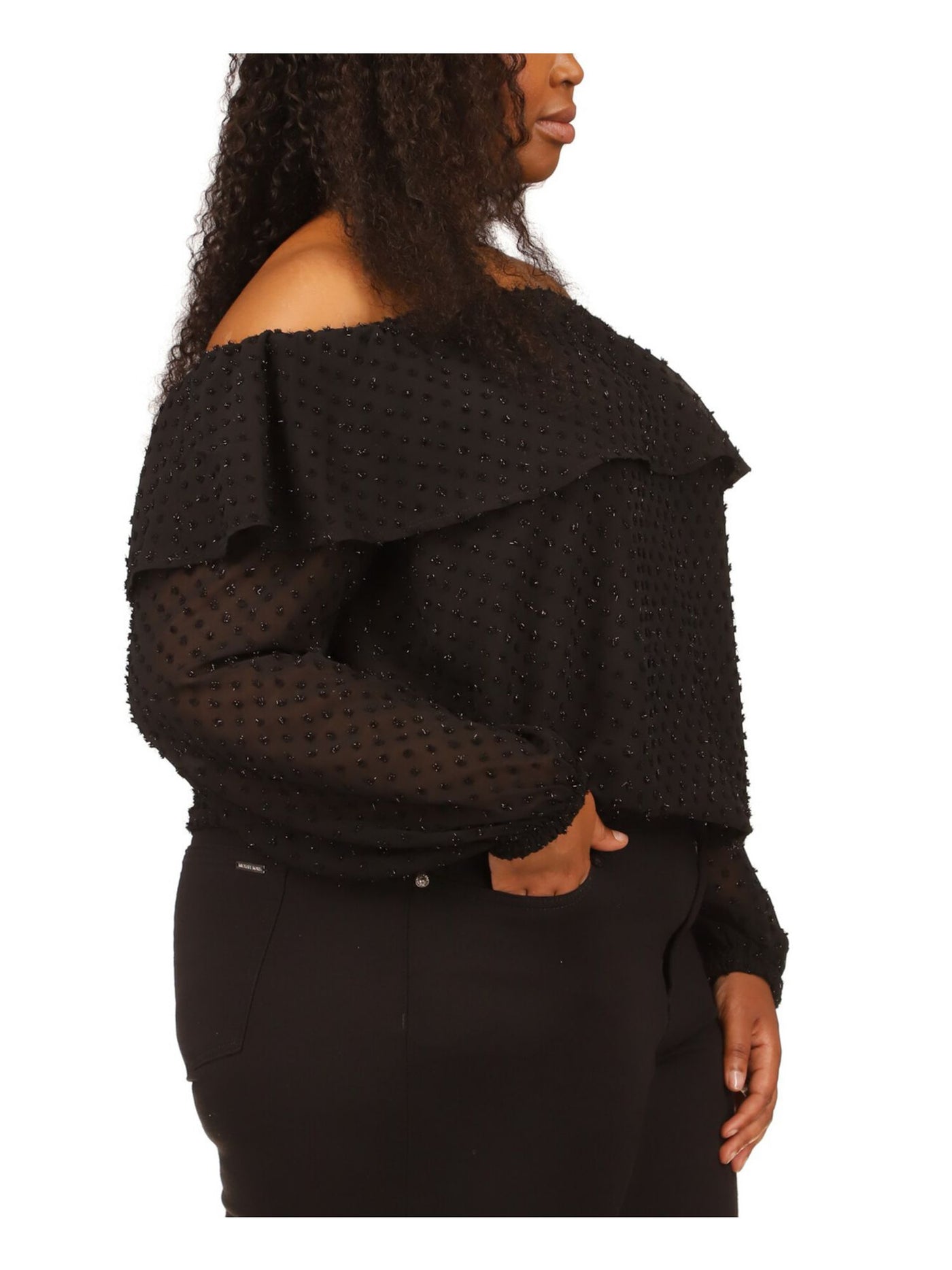 MICHAEL MICHAEL KORS Womens Black Sheer Lined Ruffle Overlay Long Sleeve Off Shoulder Top Plus 0X