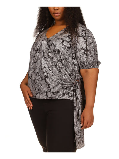 MICHAEL MICHAEL KORS Womens Black Metallic O-ring Detail Paisley Short Sleeve Surplice Neckline Wrap Top Plus 0X