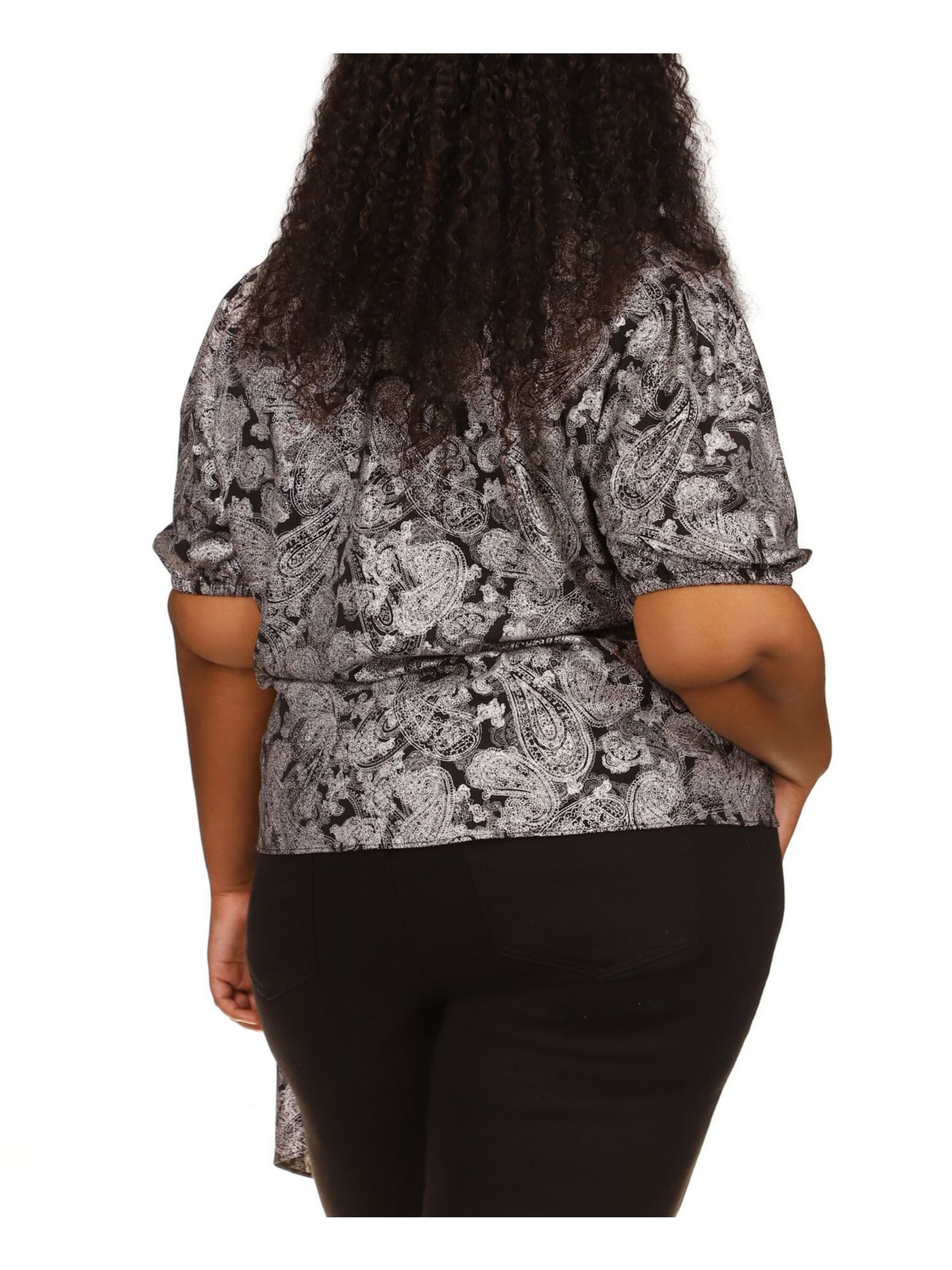MICHAEL MICHAEL KORS Womens Black Metallic O-ring Detail Paisley Short Sleeve Surplice Neckline Wrap Top Plus 0X