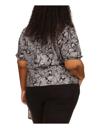 MICHAEL MICHAEL KORS Womens Black Metallic O-ring Detail Paisley Short Sleeve Surplice Neckline Wrap Top Plus 0X