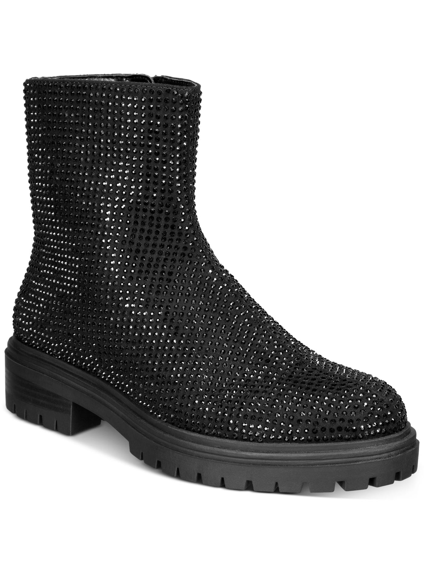 INC Womens Black Mixed Media Lug Sole 1" Platform Rhinestone Slip Resistant Beslana Round Toe Zip-Up Booties 9 M