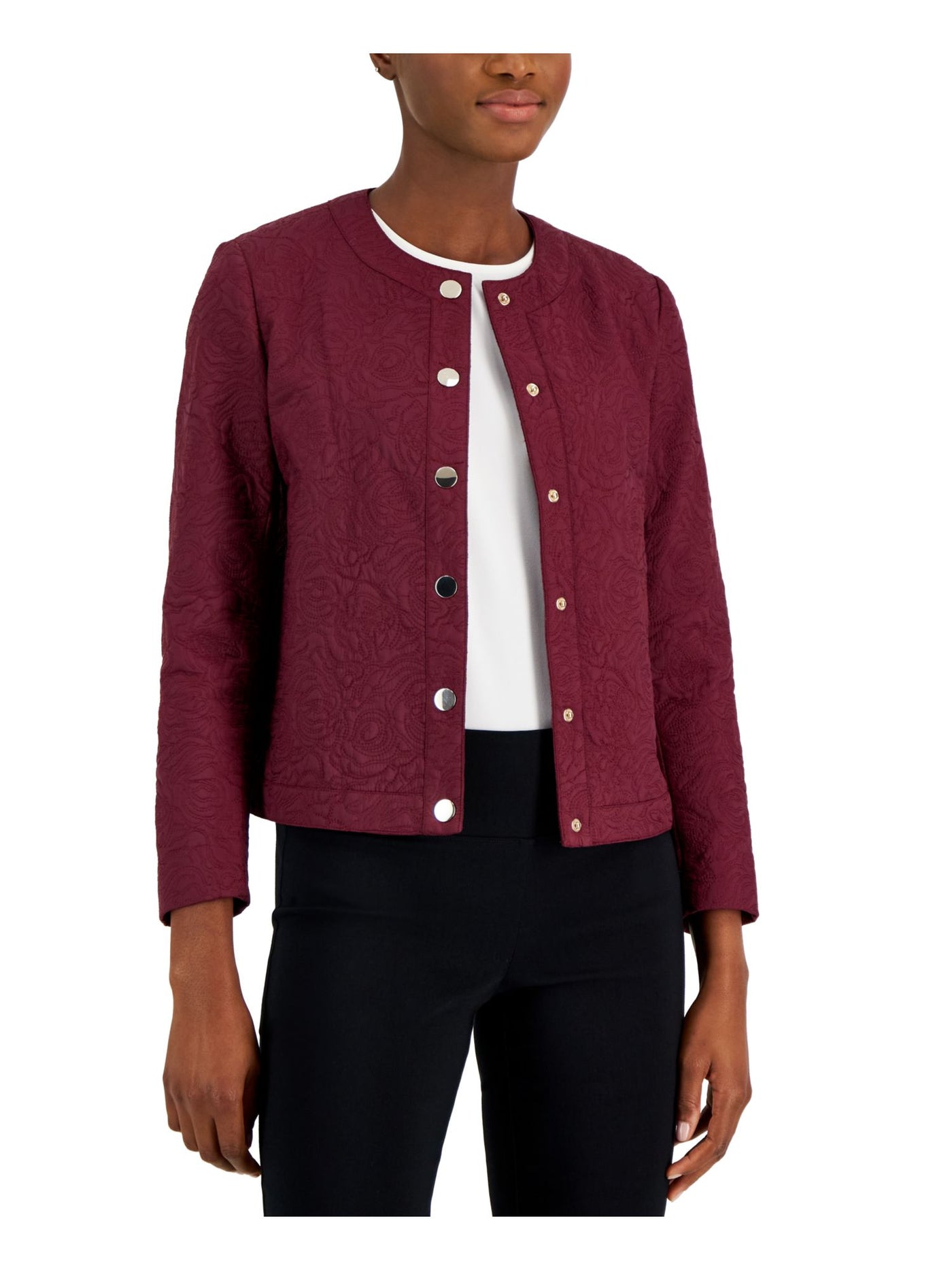 ANNE KLEIN Womens Burgundy Embroidered Lined Floral Button Down Jacket Petites PXS