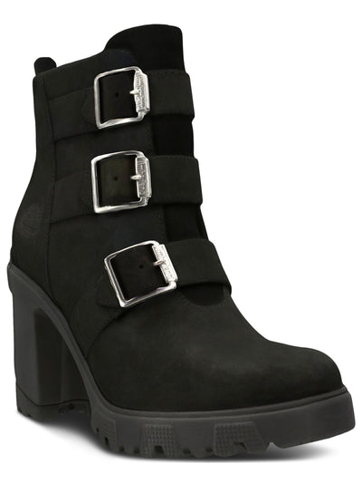 TIMBERLAND Womens Black Buckle Accent Lana Round Toe Block Heel Zip-Up Leather Boots Shoes 6 M
