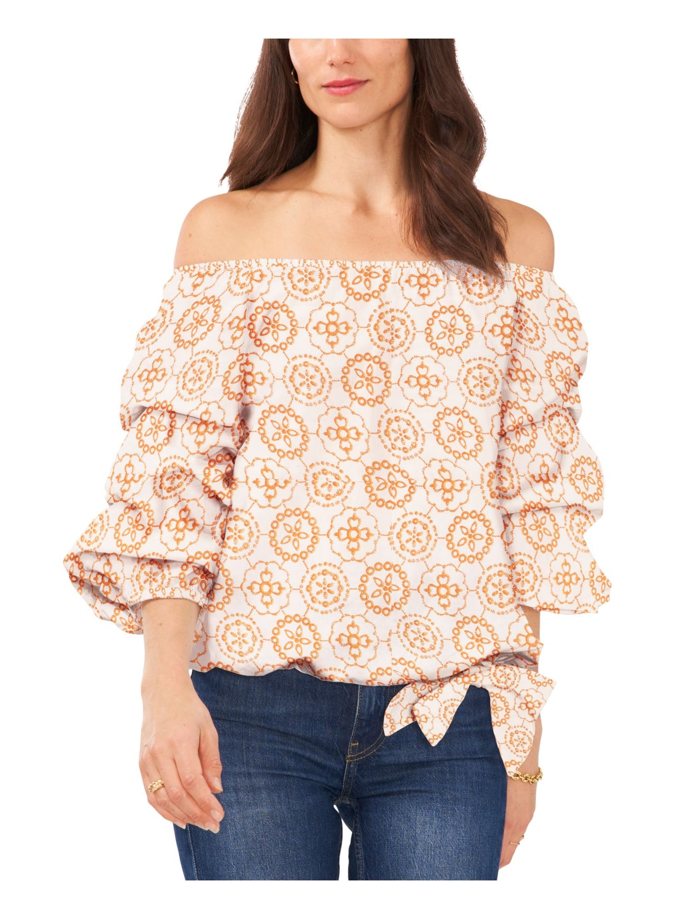 VINCE CAMUTO Womens Ivory Unlined Elastic Cuffs Curved Vented Hem Printed Pouf Sleeve Off Shoulder Top XS
