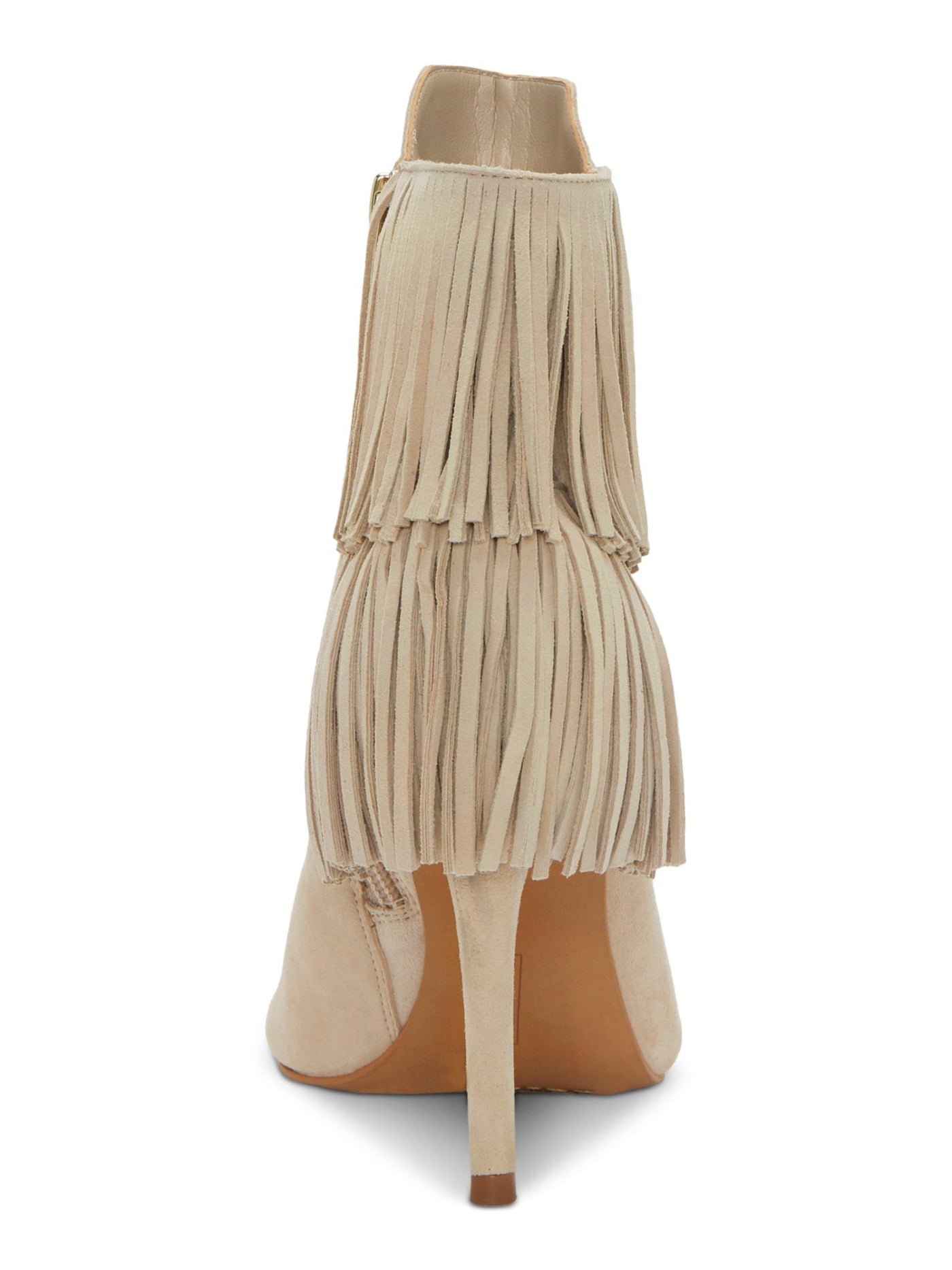 VINCE CAMUTO Womens Beige Fringed Padded Amenala Open Toe Stiletto Zip-Up Leather Dress Booties 6 M